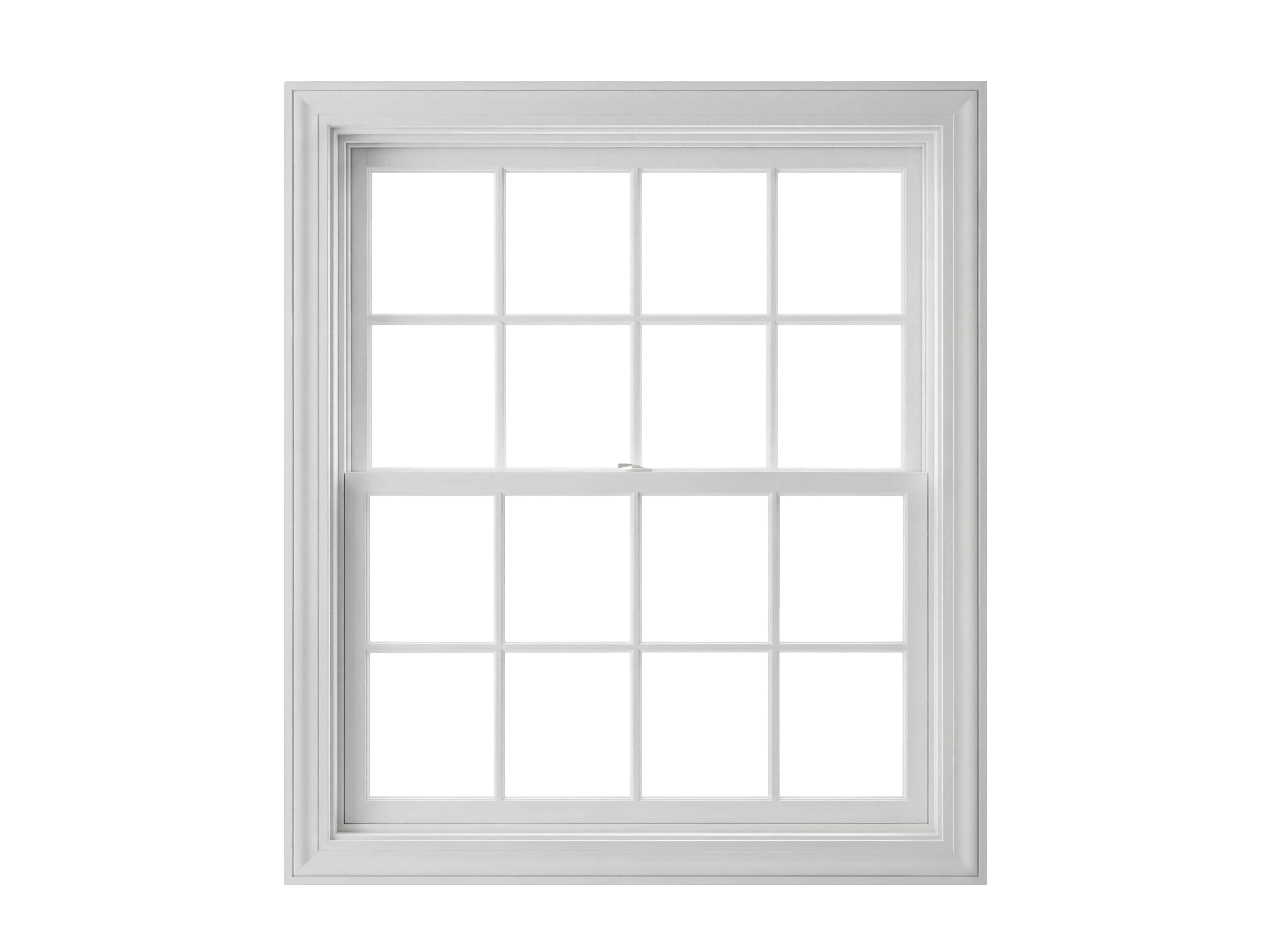 White window frame PNG isolated on transparent background, classic double hung window for architecture and design projects